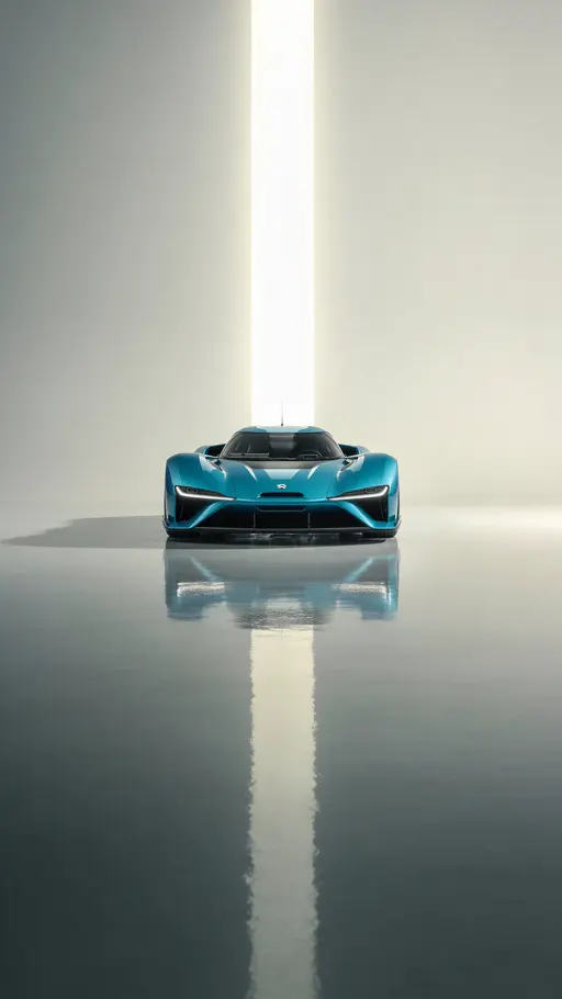 A vertical 9:16 ultra-realistic CGI of a cyan-painted high-performance race car centered under a glowing vertical light beam, mirrored on a glossy floor against a clean gradient background.