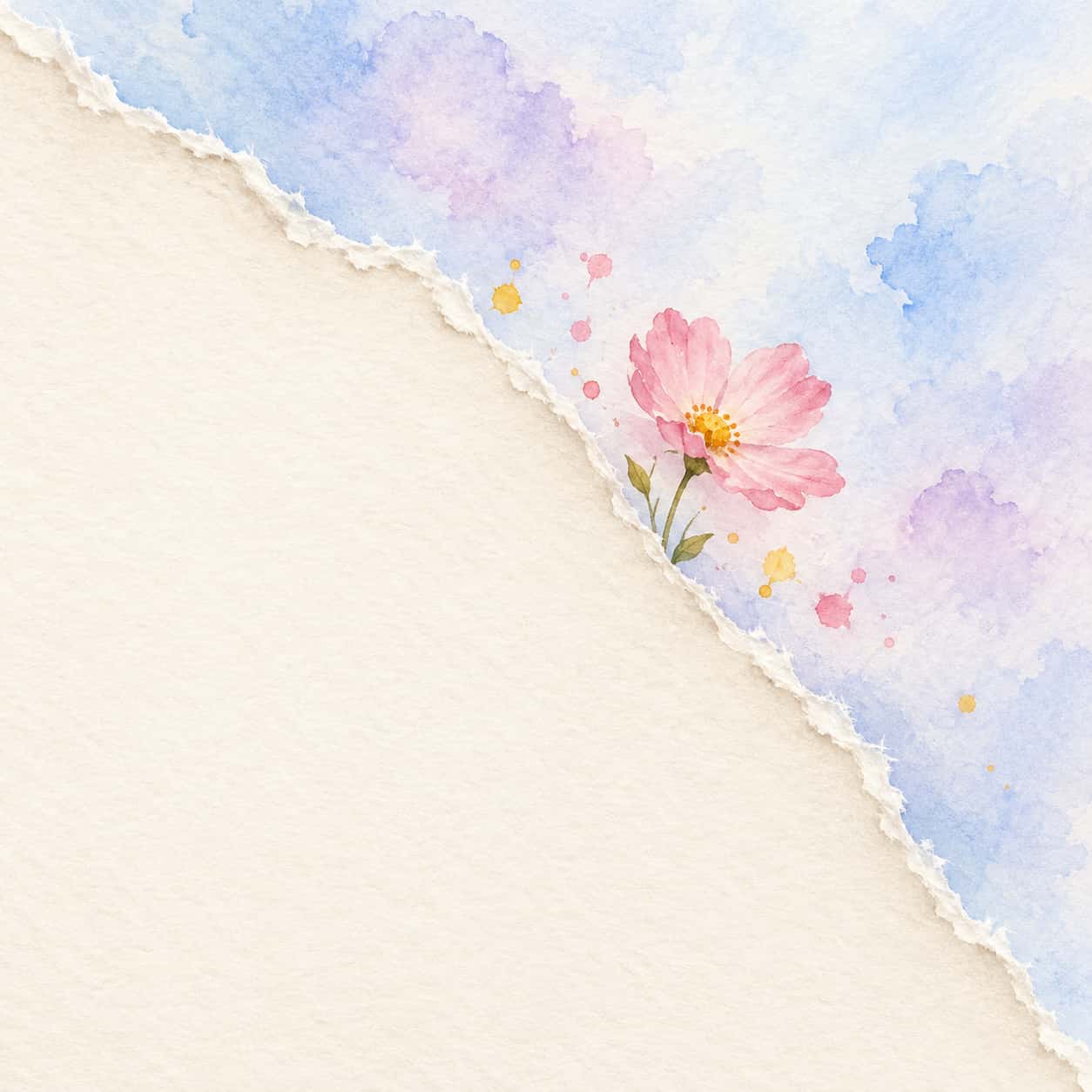 The ragged torn edge of a blank cream sheet of paper runs diagonally with white fibres along the tear over a pale blue wash with a small watercolor flower.