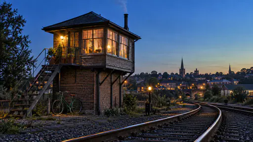 A small brick signal box on stilts with a glazed cabin lit amber behind gingham curtains, an iron stair to a landing of herb pots, a smoking stovepipe, a green bicycle at its base and curved rails in the foreground at dusk.