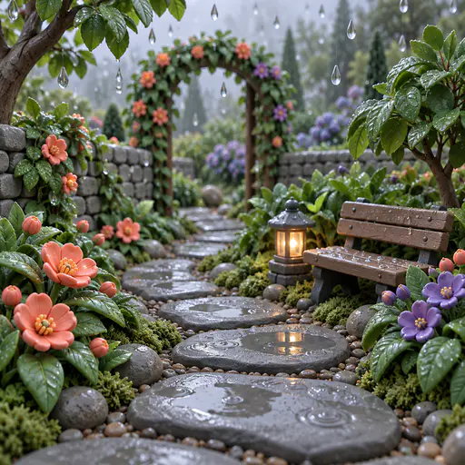 Rain falls on a winding garden path of clay stepping stones with glossy wet leaves, puddles, coral and violet flowers and a small bench with a lantern.