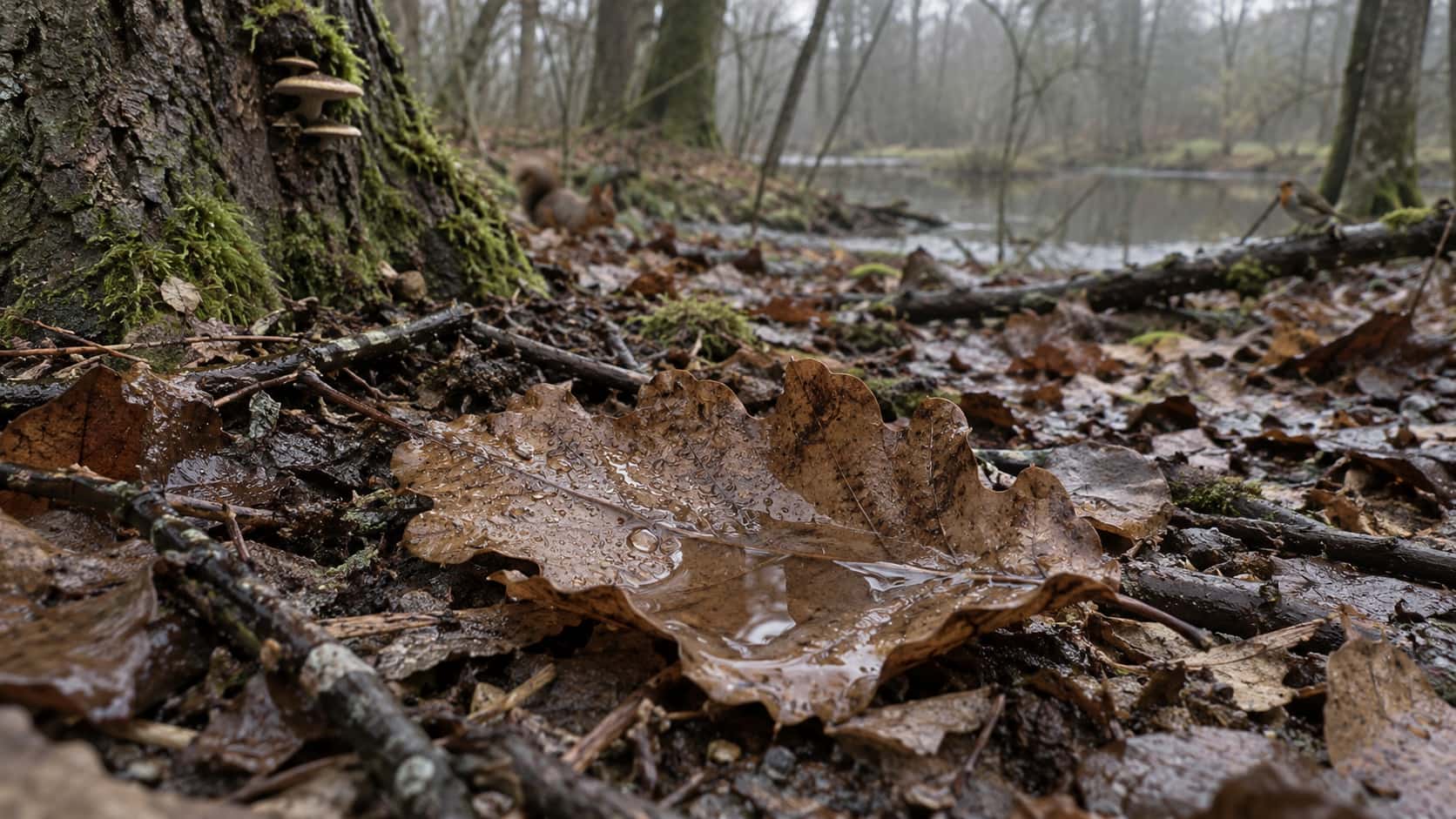 A brown softened oak leaf lies with one half cupped upward holding a small pool of rainwater with beads of water on its decayed surface in flat wet light.