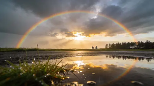 A 16:9 landscape photograph of a rainbow forming after heavy rain, with wet reflections and dramatic clouds framed for wallpaper use in a cinematic, serene style.