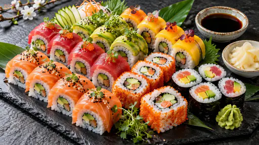 A rainbow sushi platter on a dark slate board with colorful rolls of salmon, tuna, avocado, cucumber, mango and tobiko beside small bowls of soy sauce and ginger.