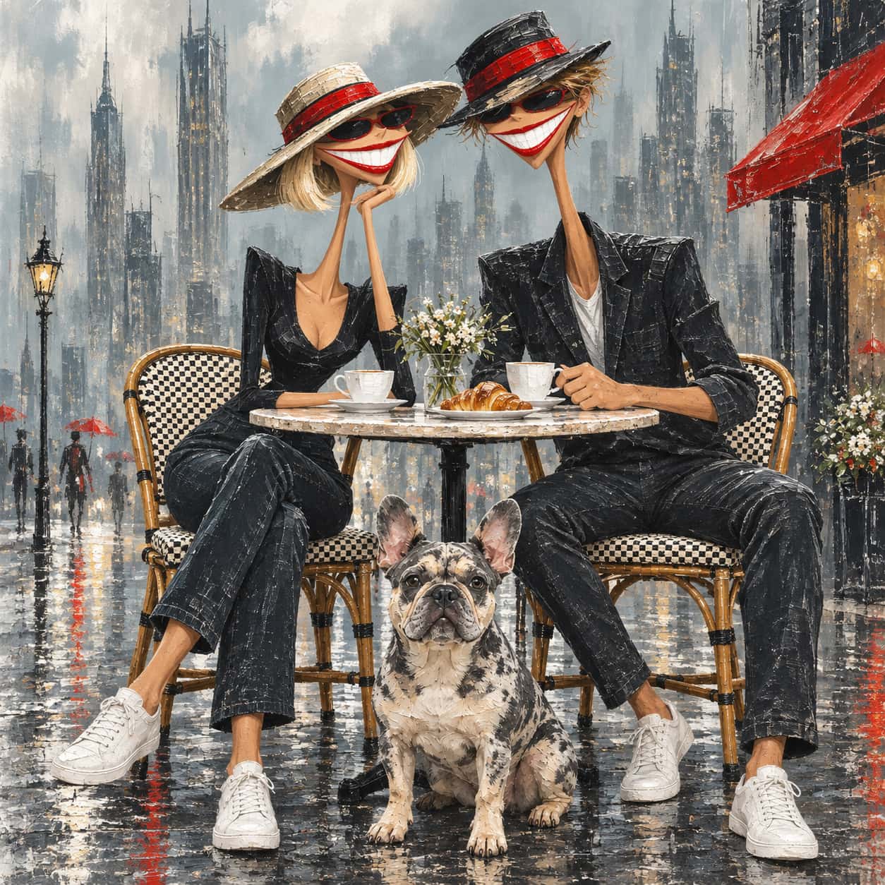 Stylised illustration of a long-faced grinning couple in hats with their French bulldog at a rainy café