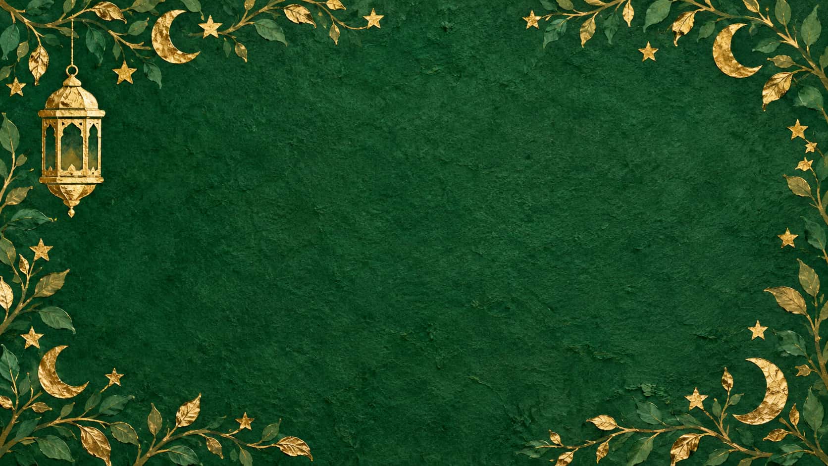 A wide deep emerald green parchment card background with gold-leaf leafy stems, crescent moons, stars and small white flowers along the margins, a hanging gold lantern at the upper left and a large empty green centre.