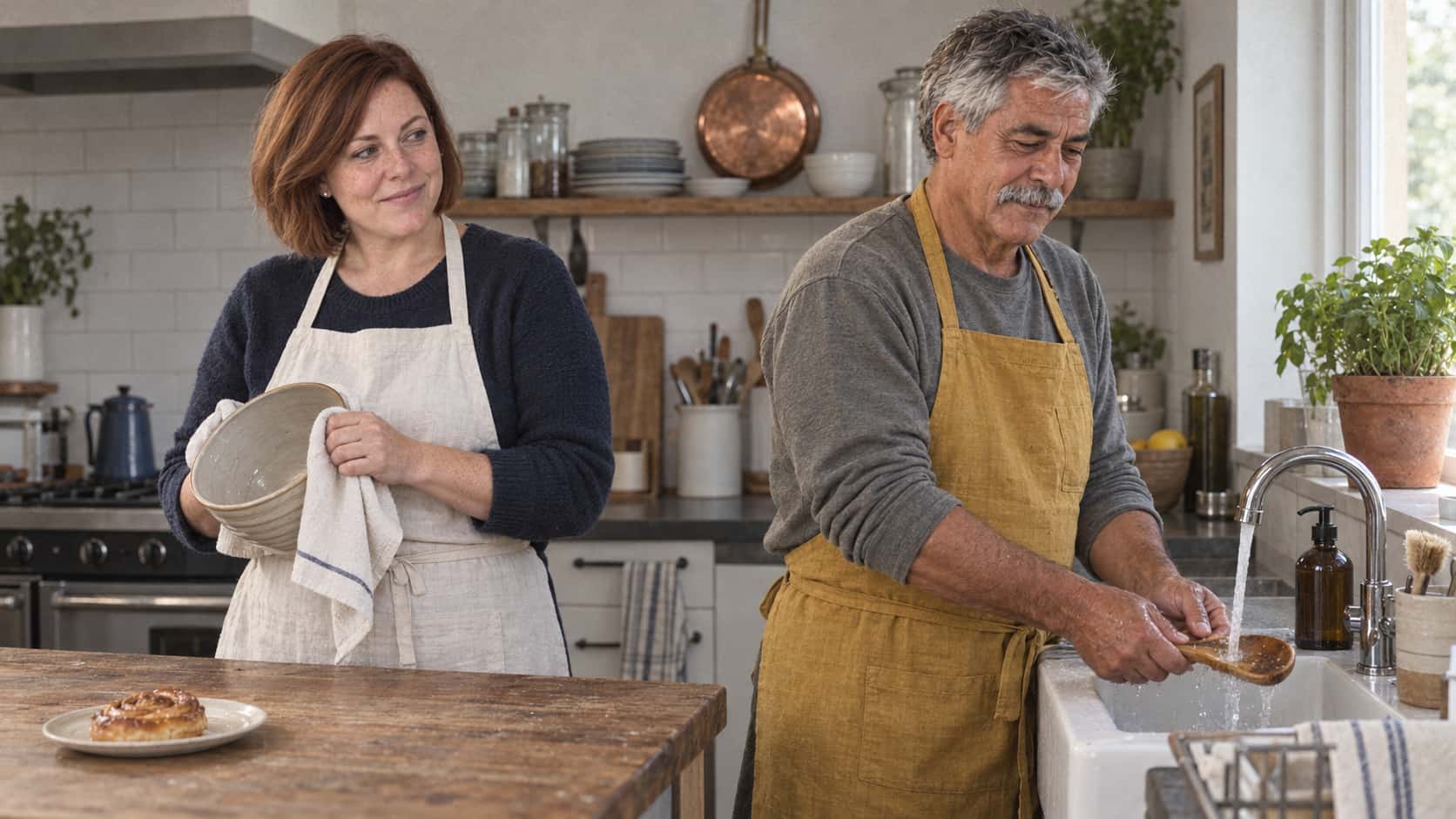 A man with a grey moustache in a mustard apron washes a wooden spoon under the tap at a kitchen sink while a woman with an auburn bob in a white apron dries a steel mixing bowl with a plain cloth beside a wiped worktable with one pastry left on a plate.