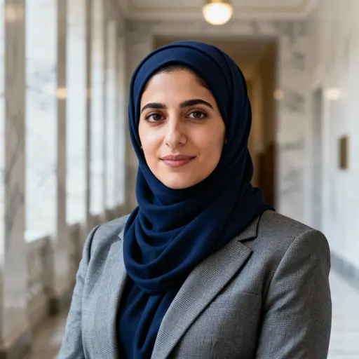 Headshot of Rana Saleh, 35, Arab American civil rights attorney in a tailored charcoal blazer and navy hijab; composed, direct gaze, warm-beige skin and soft-gold catchlight against a blurred marble-white corridor.