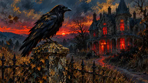 A black raven on a stone fencepost with a red-lit Victorian house in the background.