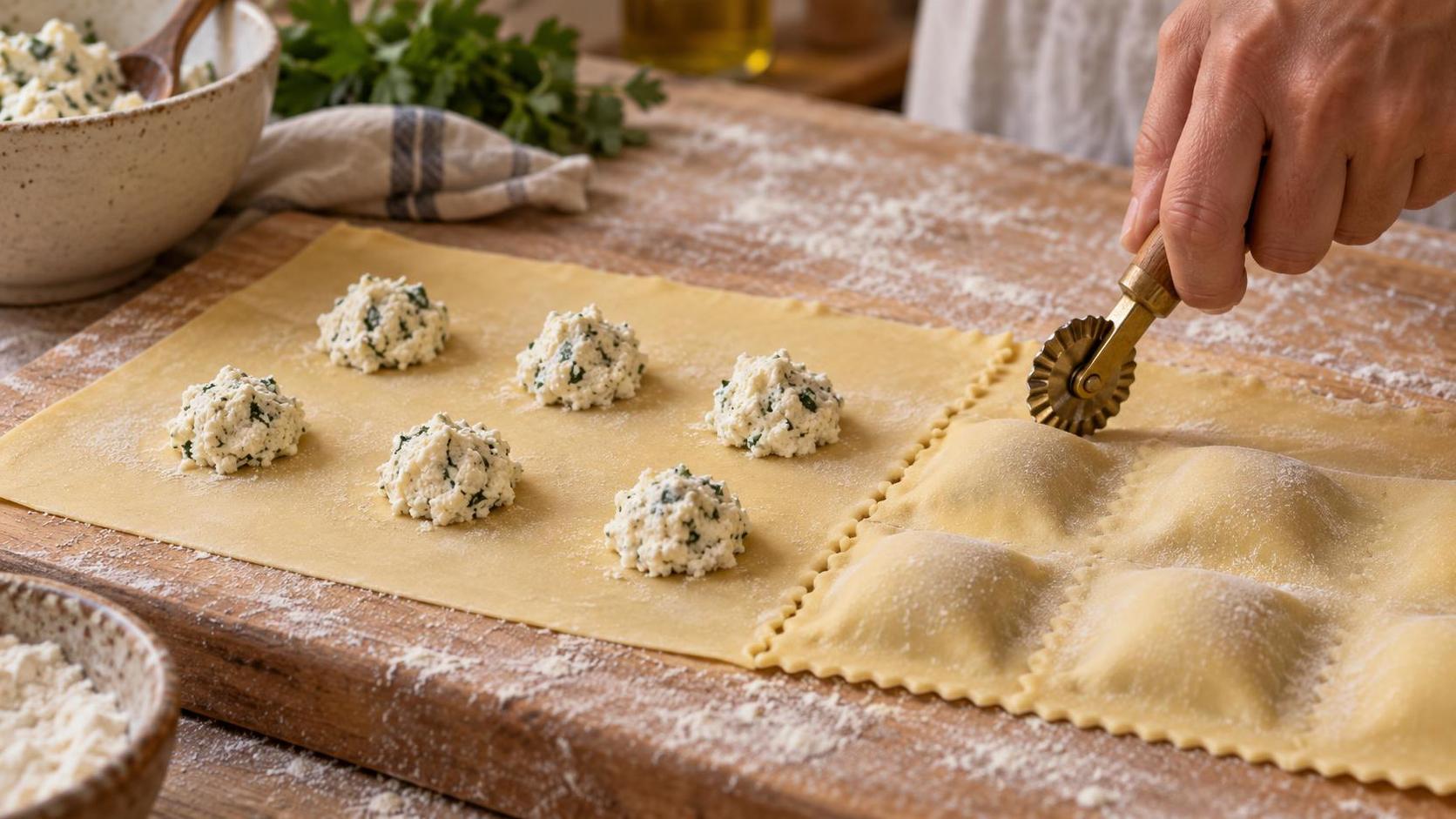 A hand crimps pasta sheets around cheese mounds with a fluted wheel on a pale wooden board.