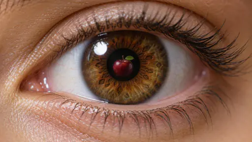 Apple of my eye: an extreme macro portrait photograph of a single human eye seen straight on, its deep hazel-brown iris textured with radial fibres around a dark pupil in which a tiny red apple with a short stem and one green leaf is sharply reflected, with one large soft catchlight on the…