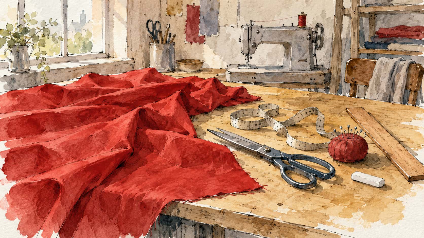 A length of plain red cotton cloth lies on a cutting table beside tailor shears, a tape measure, a pincushion, a ruler and a sewing machine in ink and watercolor.