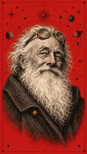 Crosshatch ink portrait of a bearded elderly astronomer with brass spectacles on a red background decorated with faint orbital diagrams.