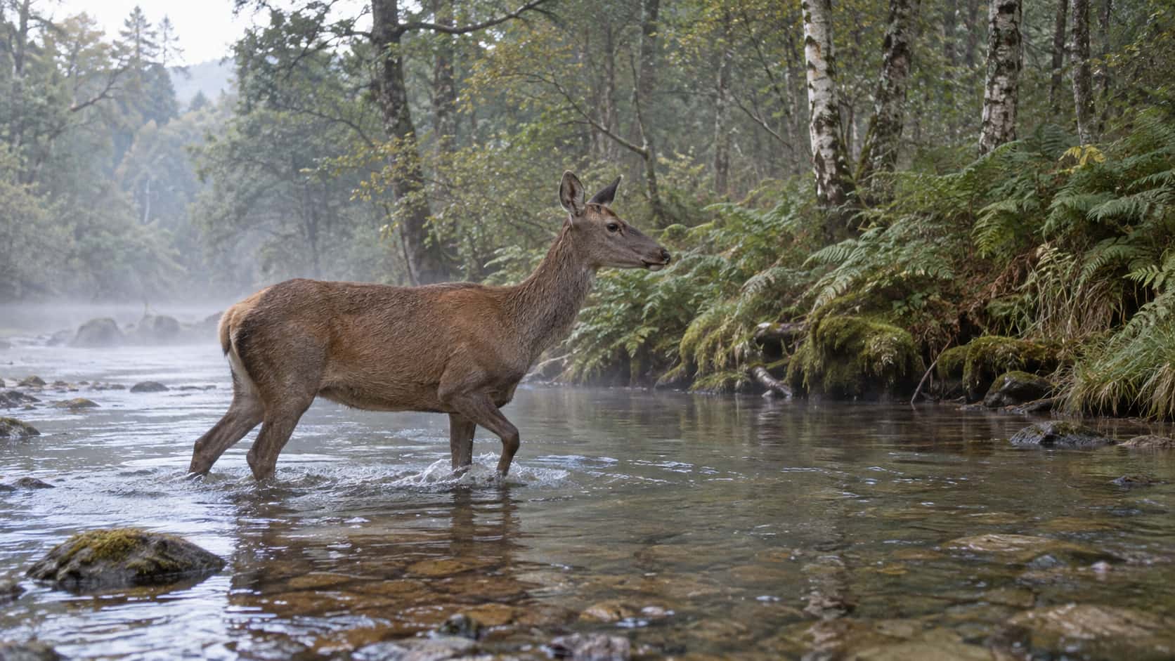 A red deer hind wades carefully through a shallow clear stream crossing at the edge of a woodland with water to her knees and her head up and ears forward toward the far bank of ferns and birch trunks with mist over the water in soft morning side light.