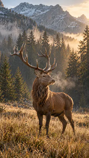 An adult red deer stag with a full antler rack stands in a misty mountain meadow with tall dry grass before a dark spruce forest in warm afternoon sun.