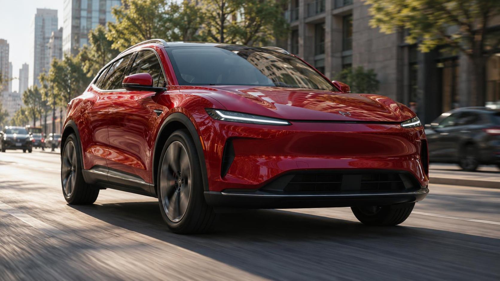 A red electric crossover car driving along a city street in daylight with blurred buildings in the background.