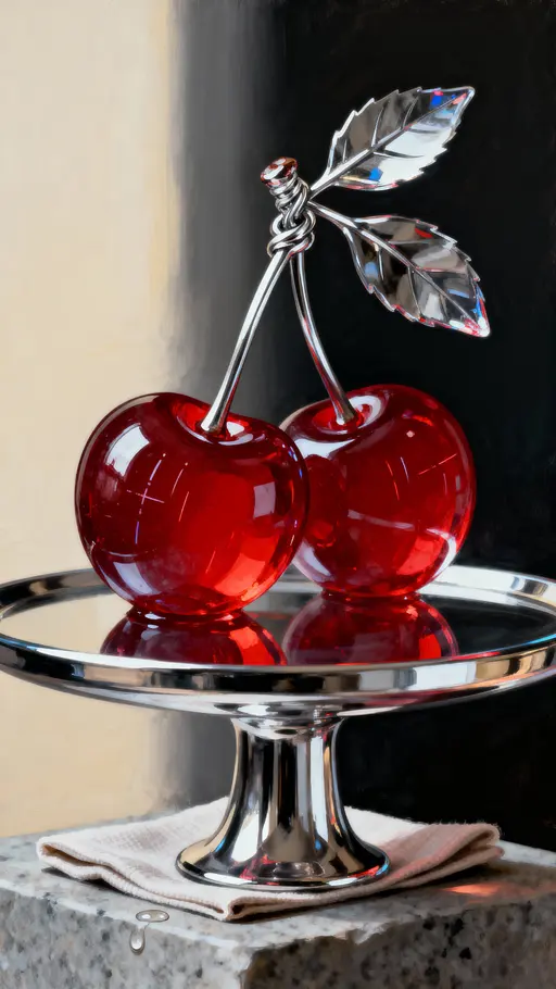Two perfectly round transparent red glass cherries linked by gleaming metallic chrome stems and leaves, rendered vertically in a 9:16 crop with a refined, reflective still-life mood.