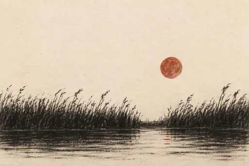 A minimal charcoal drawing where a matte red moon hangs over rough black reed strokes on cream paper, its color echoed in one dashed reflection on still water.