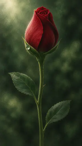 A single red rose bud with tight spiralled petals just parting at the tip stands on a slender green stem with a dew drop on a sepal in airbrush.