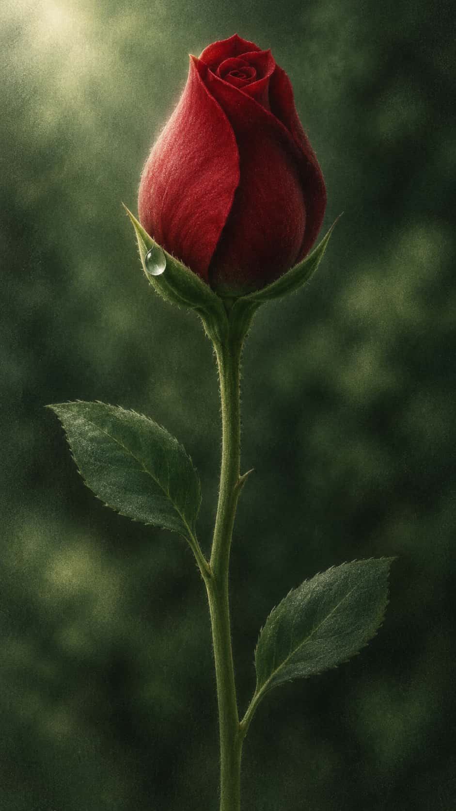 A single red rose bud with tight spiralled petals just parting at the tip stands on a slender green stem with a dew drop on a sepal in airbrush.