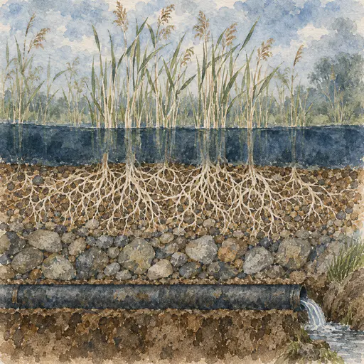 A watercolor cross-section of a reed bed: reeds and still water above, a gravel layer packed with pale branching roots, a band of stones, and a dark buried drain pipe whose outlet pours into a ditch at the right.