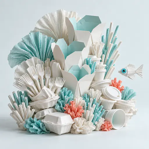 A reef of white folded takeout boxes with fanned flaps and ruffled napkin sea fans shows turquoise interiors on a pale ground beside one small fish made of a sleeve and bottle cap.