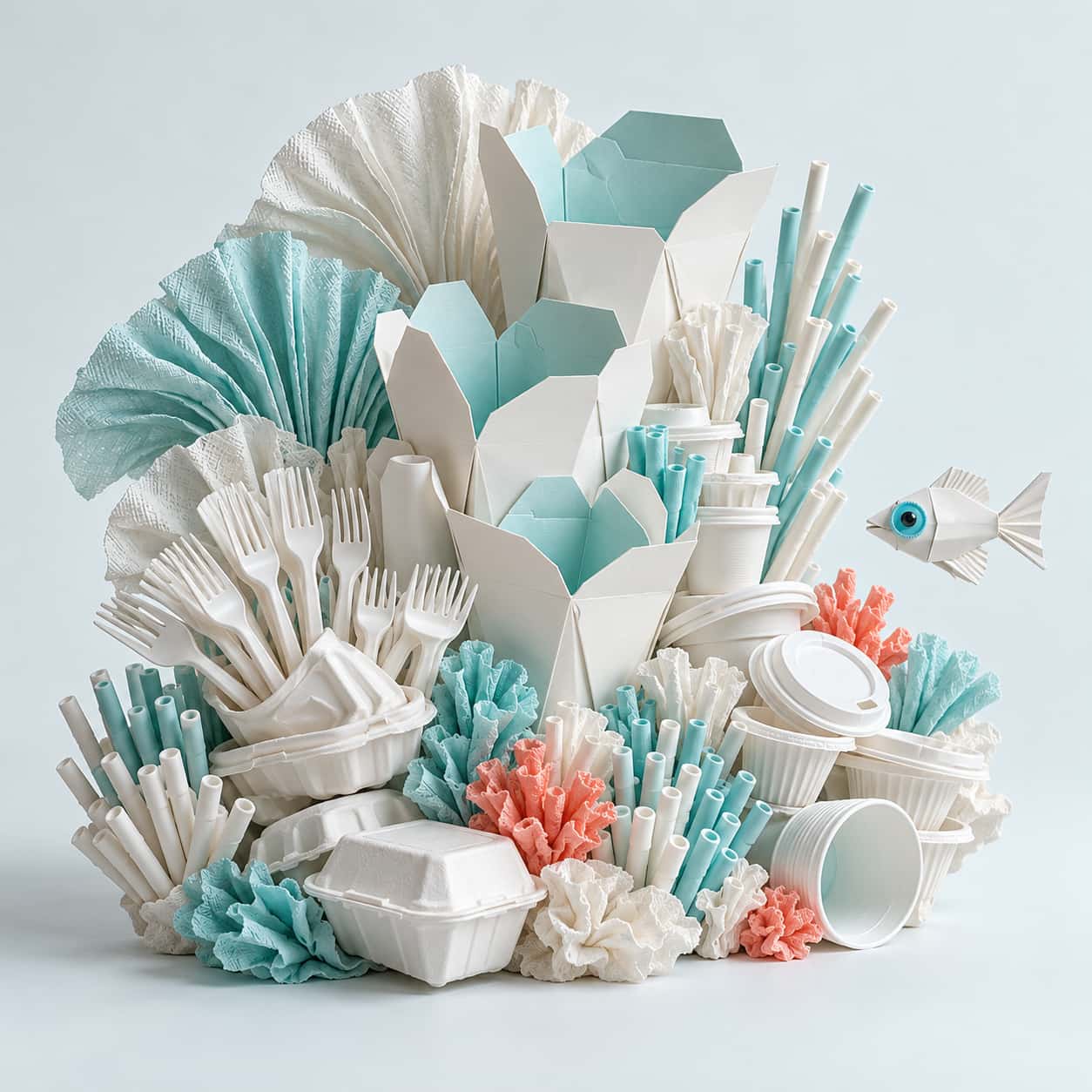 A reef of white folded takeout boxes with fanned flaps and ruffled napkin sea fans shows turquoise interiors on a pale ground beside one small fish made of a sleeve and bottle cap.