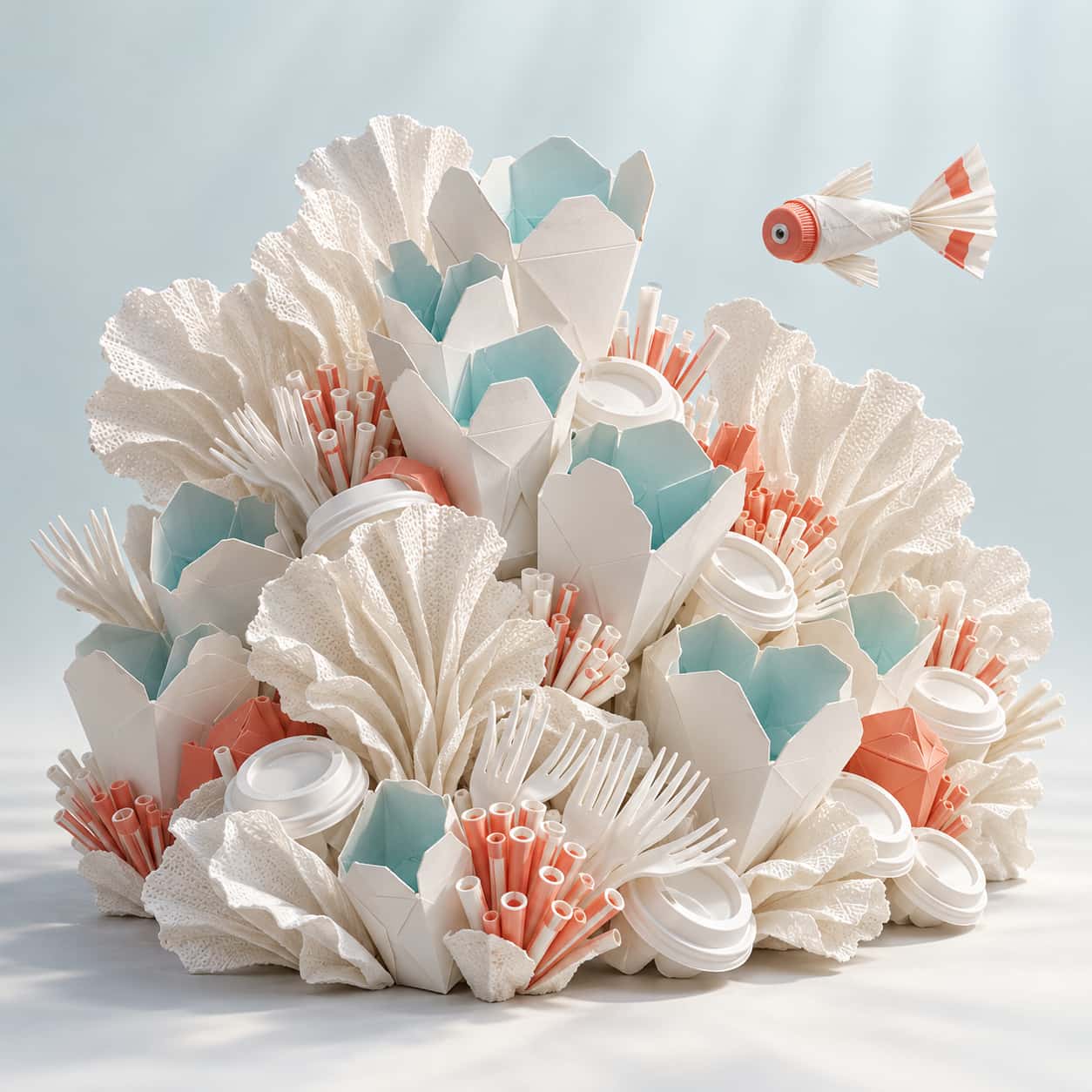 A reef of white folded takeout boxes with fanned flaps and ruffled napkin sea fans shows turquoise interiors on a pale ground beside one small fish made of a sleeve and bottle cap.