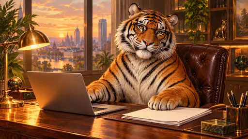 A regal tiger in glasses sits upright at a wooden desk working as a confident boss with papers, a lamp and a laptop in front of it in a tidy office.