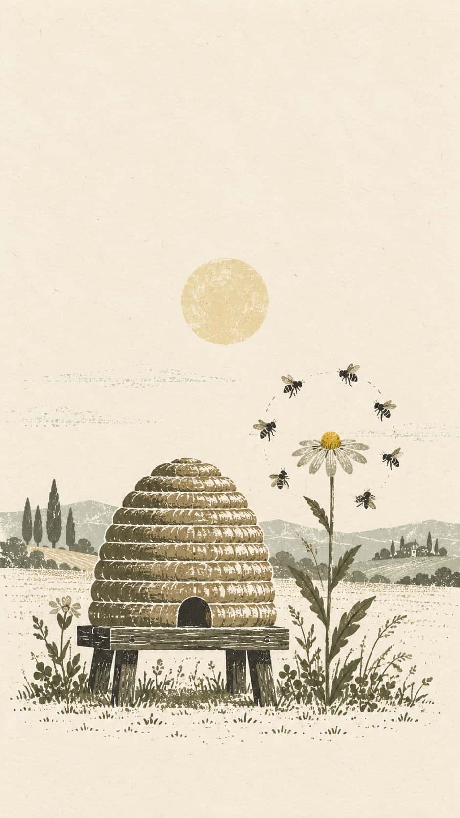 A coiled straw skep beehive on a wooden stand in a cream field, a tall daisy-like flower with a yellow centre beside it and seven charcoal bees circling it, a pale sun above.