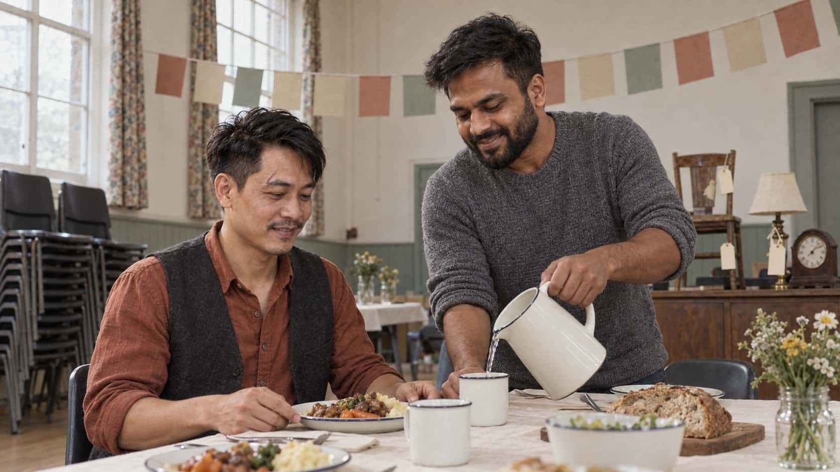 A man with swept hair in a rust shirt sits at a table with a plate while a broad man in a grey jumper leans in to serve him from a jug with a mended chair, a lamp and a clock displayed on a sideboard behind in diffuse hall light.