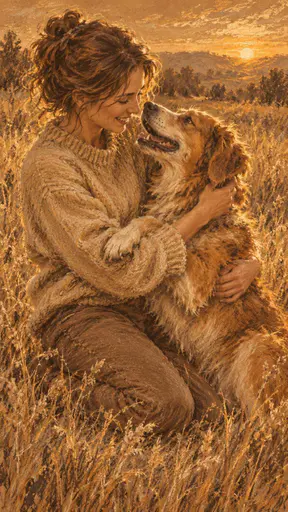 An adult woman in a warm sweater kneels to hug a happy rescue dog with floppy ears with both looking at each other with pure joy in soft golden hour light.