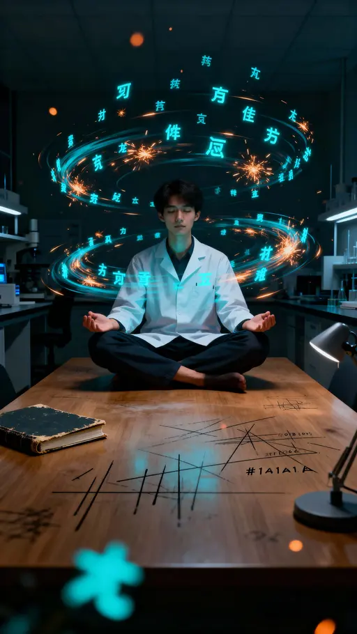 A lone researcher sits calmly as a swirling storm of tiny glowing characters rushes around them in a dark lab, conveying focused wonder and quiet intensity.
