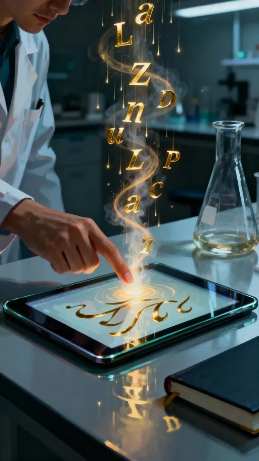 A researcher touches a tablet and a vertical fountain of golden glyphs streams upward into a dark lab, arching and raining luminous text back down in a slow, poetic shower of characters.