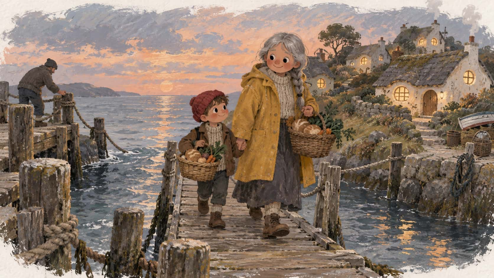 An older woman with a grey plait in a yellow oilskin and a small boy in a red hat walk down a gangplank onto a small island carrying baskets of bread and vegetables as mooring ropes slip free at dusk, cottage windows glowing under a peach and grey-blue sky.