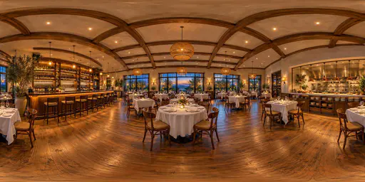 A full 360 degree equirectangular panorama from the centre of a restaurant dining room with tables and chairs, a wooden bar with stools, an open kitchen pass and warm pendant lights with evening window light.