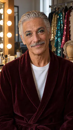 A tall slim man in his early sixties with swept-back silver hair, a neat silver moustache, faint teal eyeshadow and a small pearl earring, in a burgundy velvet dressing gown at a dressing table with a bulb-lit mirror and a rail of sequinned gowns.