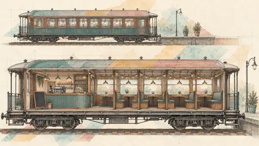A retired wooden railway carriage turned into a platform cafe is drawn in elevation and cutaway with a small counter and booth seats in graphite and ink with translucent colour wash swatches.