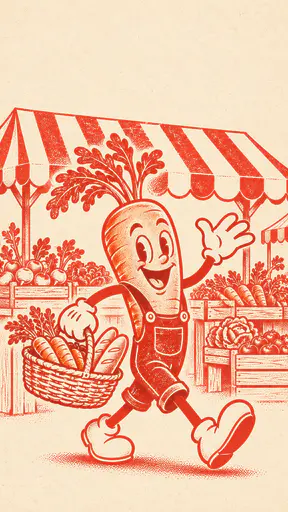 A bouncy rubber hose mascot with a wide smile strides with one gloved arm waving and a wicker basket of carrots and bread past a striped awning stall in single ink vermilion on cream paper.