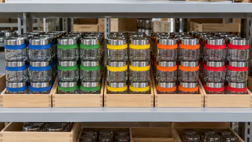 Rows of clear glass jars with plain steel lids and coloured silicone rings stacked in threes in plain wooden trays along a pale grey metal depot shelf, the rings lined up by colour under even overhead light.