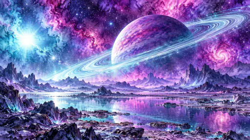 An exoplanet with ethereal glowing rings hangs low in a vast violet and magenta nebula sky full of stars with a bright star flaring at one side.