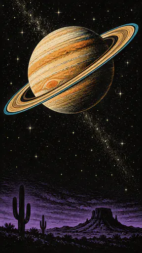 A large ringed planet in ivory, ochre and orange spot inks with cyan ring light shines in a black night sky above a desert horizon with cacti and a mesa.