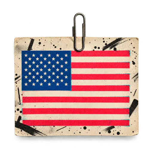 Risograph print of a flag with misregistered stripes in pink red and teal over blue. Thirteen stripes and a starry canton print neat.