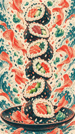 A perfectly aligned sushi roll set on a dark plate is surrounded by a torrent of flying pickled ginger slices, wasabi and sesame seeds frozen in the air.
