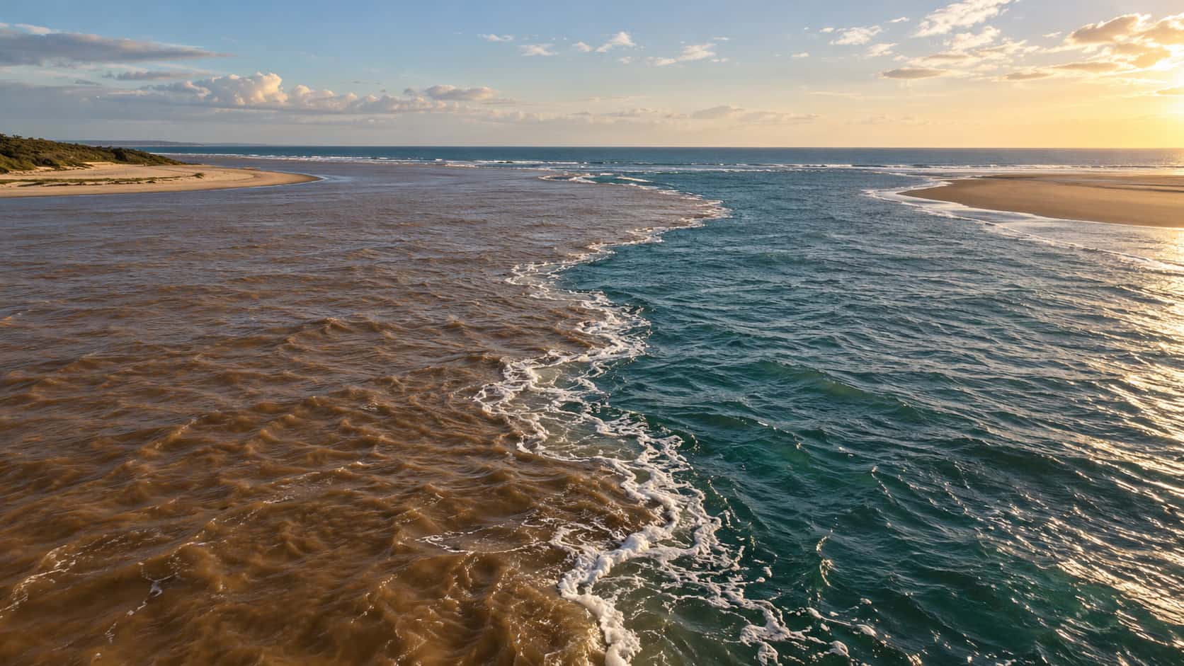 A brown river current meets blue-green sea along a clear curved colour seam with a thin line of pale foam at an estuary mouth with sandbanks either side under low sun.