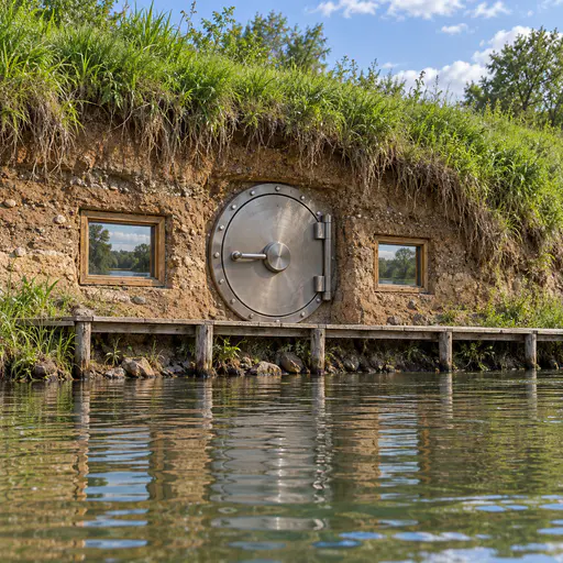 A grassy riverbank whose soil face holds a round steel vault door with a blank dial and two small teller windows, a wooden walkway following calm water in one continuous bank structure.