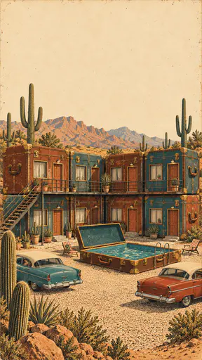A roadside motel is built from nine oversized travel trunks stacked in two storeys around a gravel courtyard with two parked vintage cars and saguaros in a terracotta and teal vintage travel poster style.