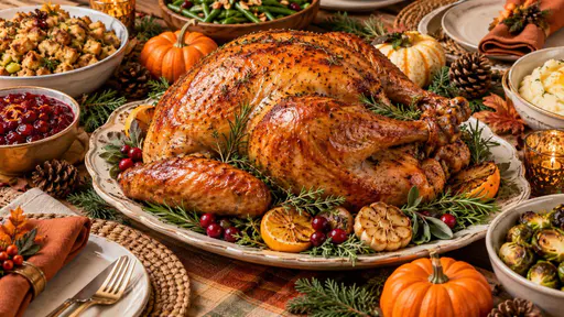 A roast turkey on a table surrounded by pumpkins and pine cones.