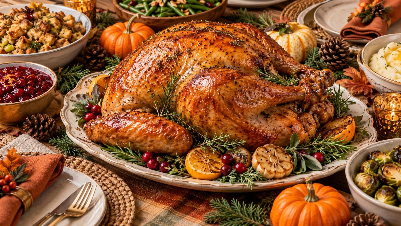 A roast turkey on a table surrounded by pumpkins and pine cones.