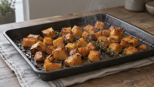 Roasted golden butternut squash cubes caramelised at the edges lie on a plain dark tray set on a round oak board over pale linen with a small curl of steam rising and a sprig of thyme beside them in soft overcast daylight.