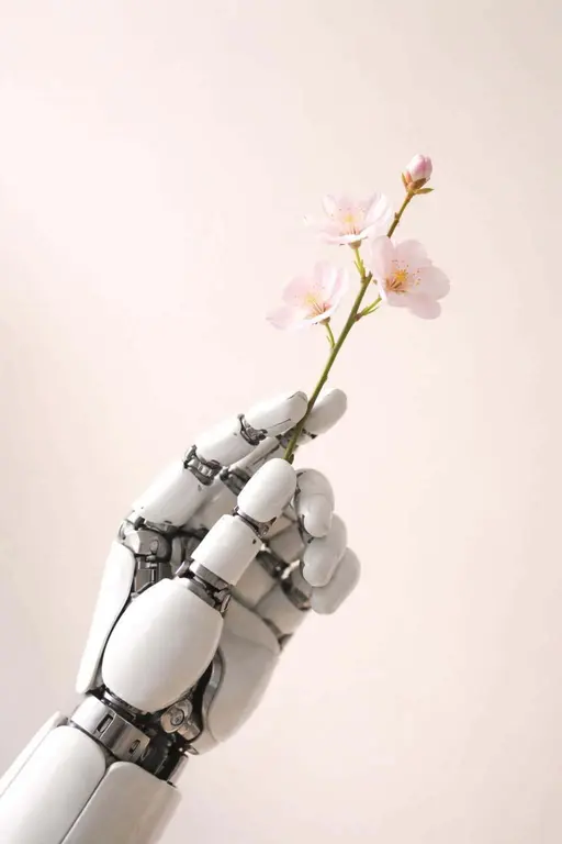 A photographic still-life of a robotic hand holding a single blossom, rendered with soft studio light and minimalist cream background for poster or cover use.